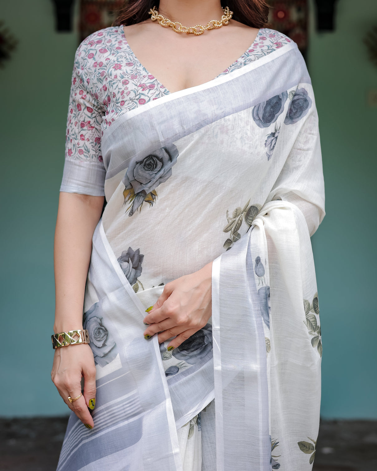White and grey pure cotton linen saree with floral print blouse and tassel detailing
