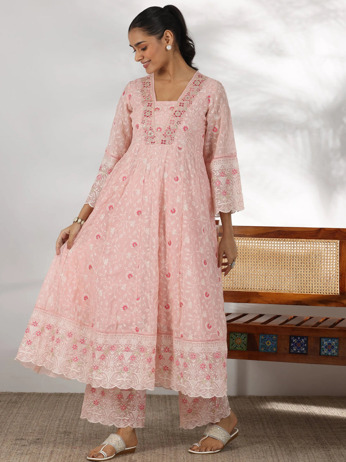 Mameraa Pink Embroidered Organza Anarkali Suit With Dupatta