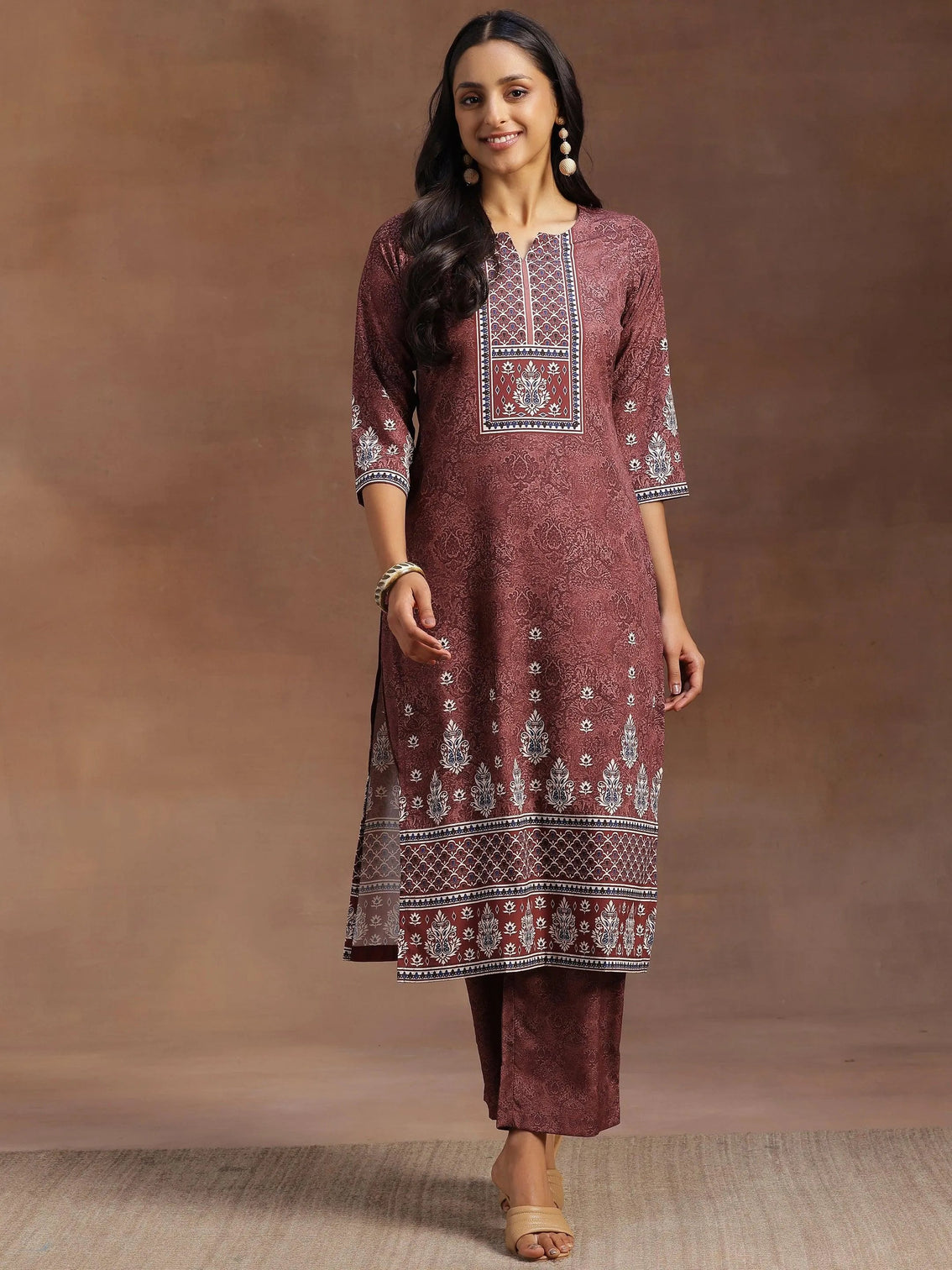 Mameraa Brown Printed Poly Crepe Straight Kurta With Trousers