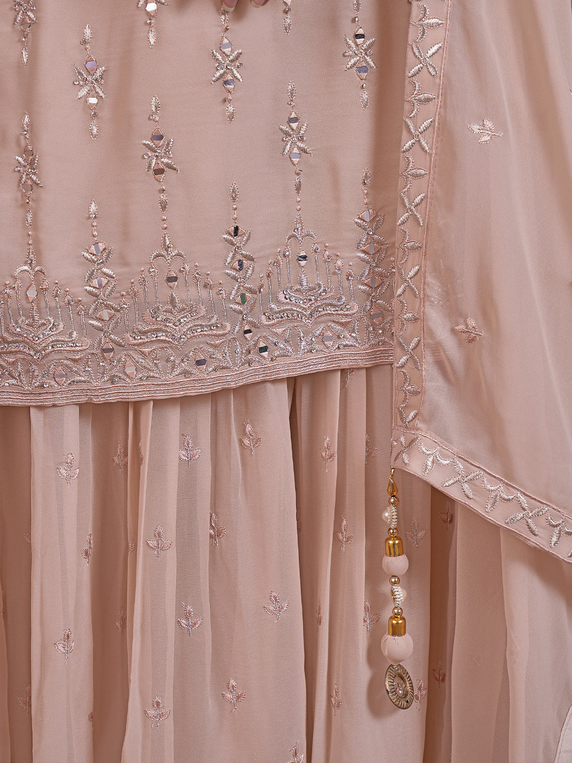 Beautiful Embroidered Peach Georgette Stitched Kurta Set