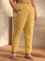 Plus Size Yellow Floral Printed Cotton Blend Anarkali Suit Set