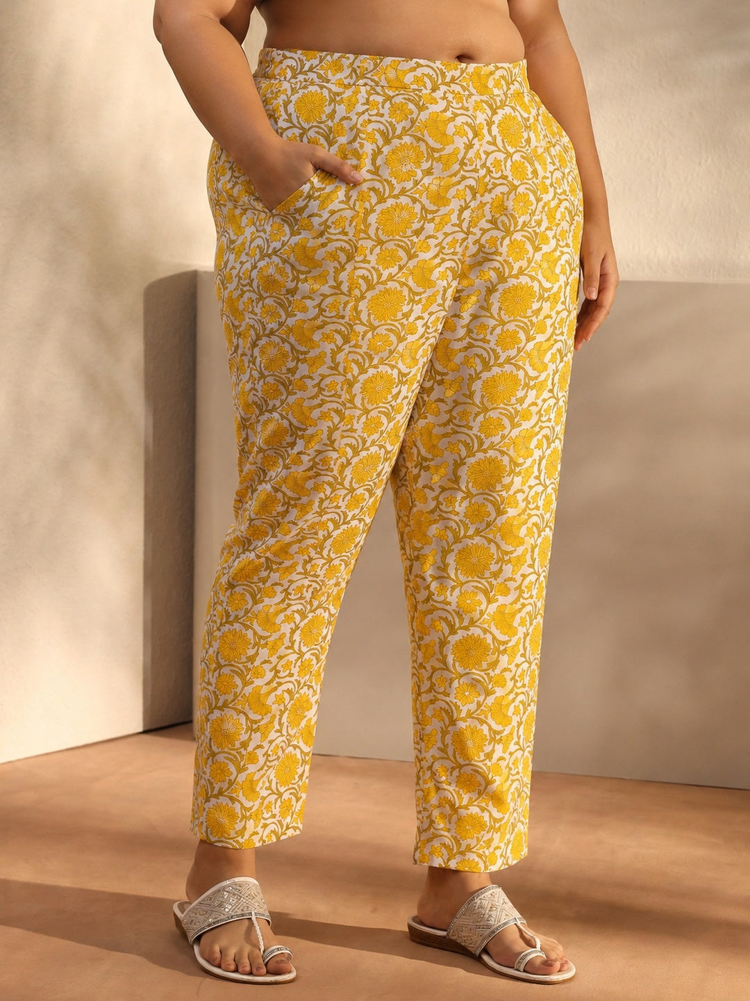 Plus Size Yellow Floral Printed Cotton Blend Anarkali Suit Set