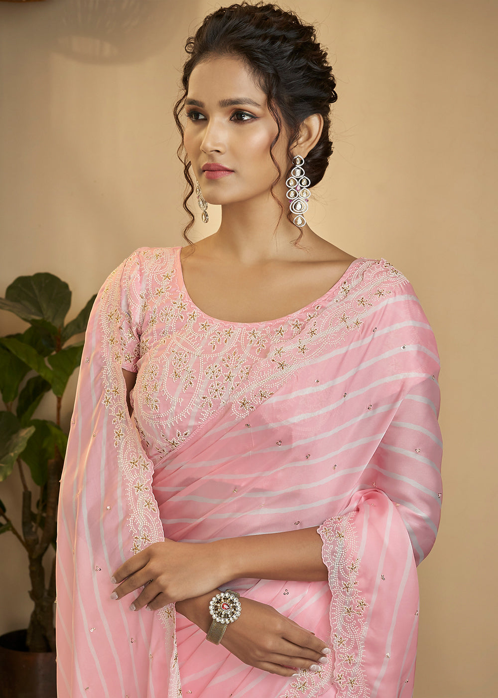 Baby Pink Woven Satin Silk Saree