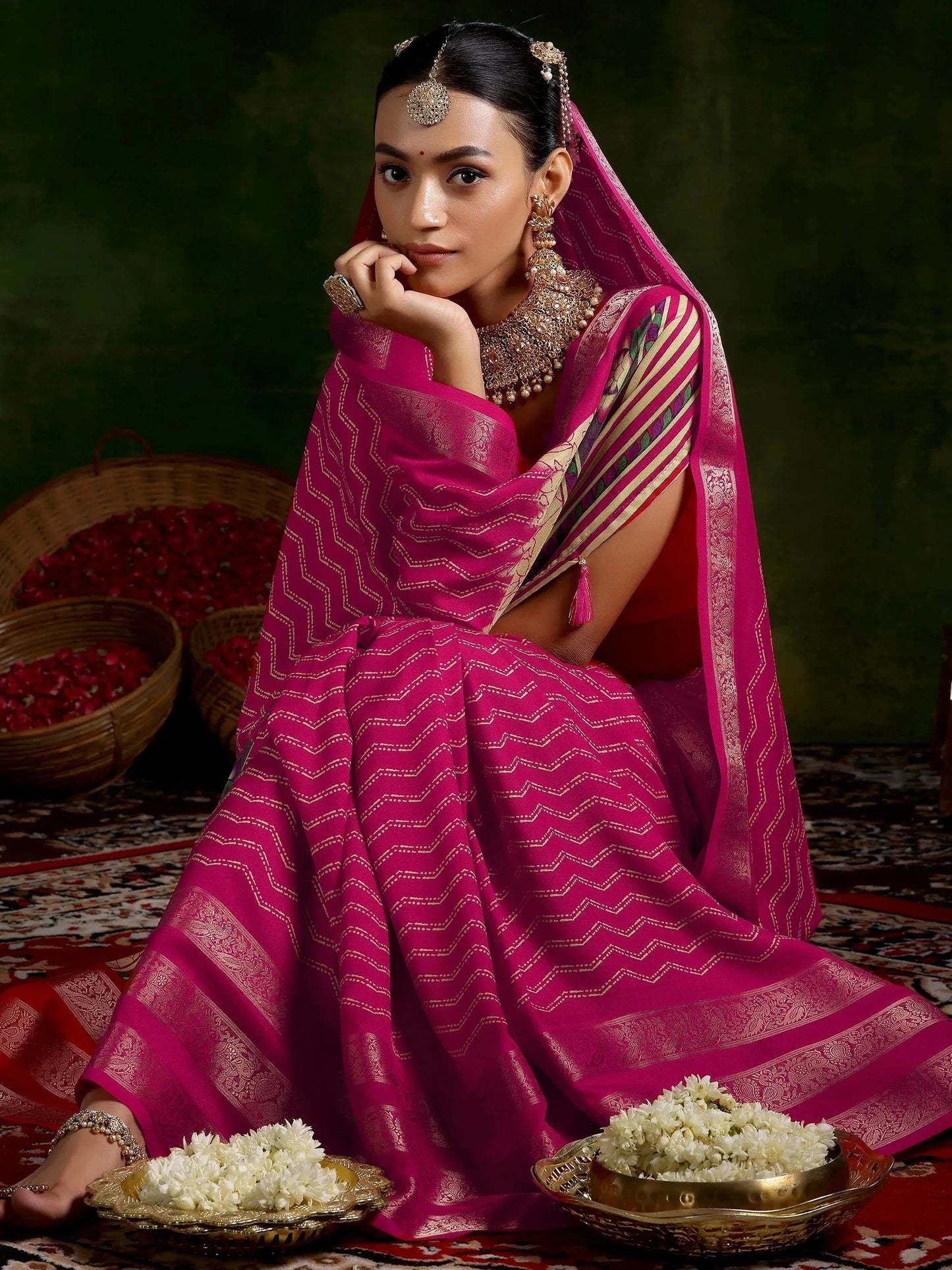 Libas Pink Printed Silk Blend Saree With Unstitched Blouse Piece