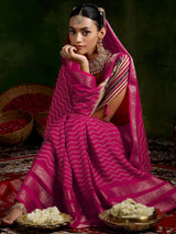 Libas Pink Printed Silk Blend Saree With Unstitched Blouse Piece