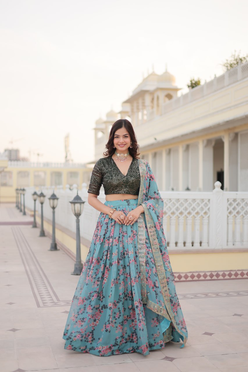 Stunning Russian Silk Sky Blue & Black Lehenga Choli Set with Sequin Embroidery
