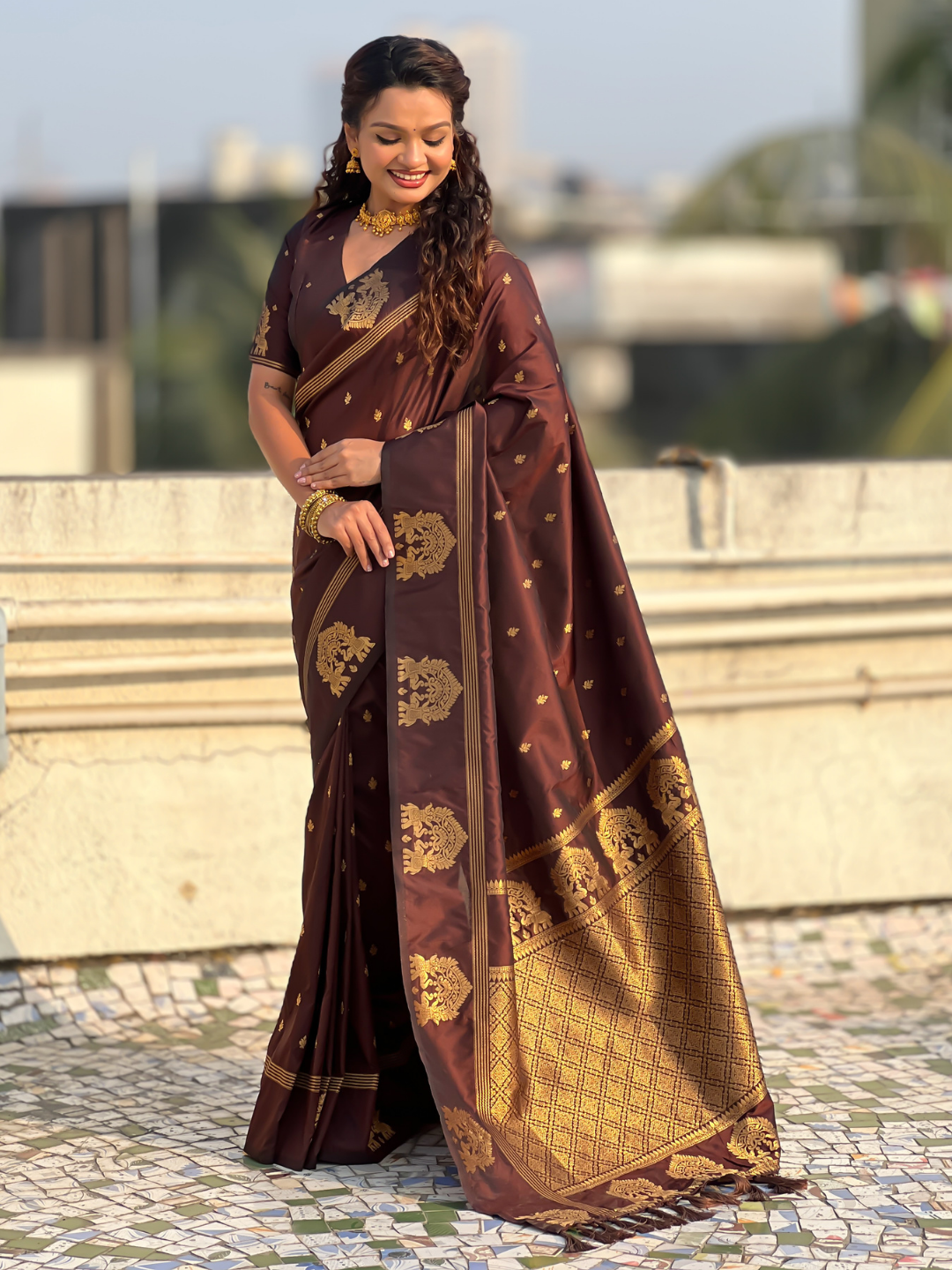 Coffee brown soft silk traditional zari woven saree