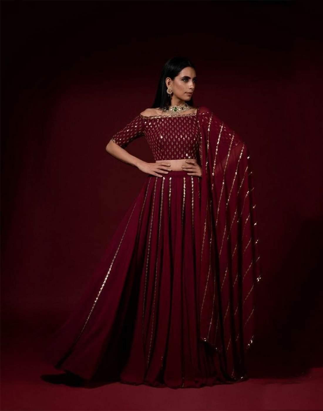 Lehenga Choli in Marron Color with Embroidery and Sequence Work