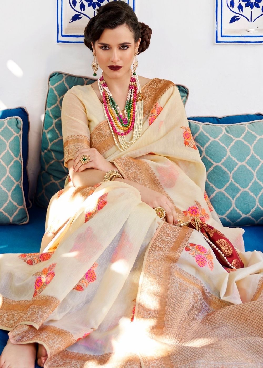 Light Cream Pure Linen Woven Silk Saree with Zari work on Border and Pallu