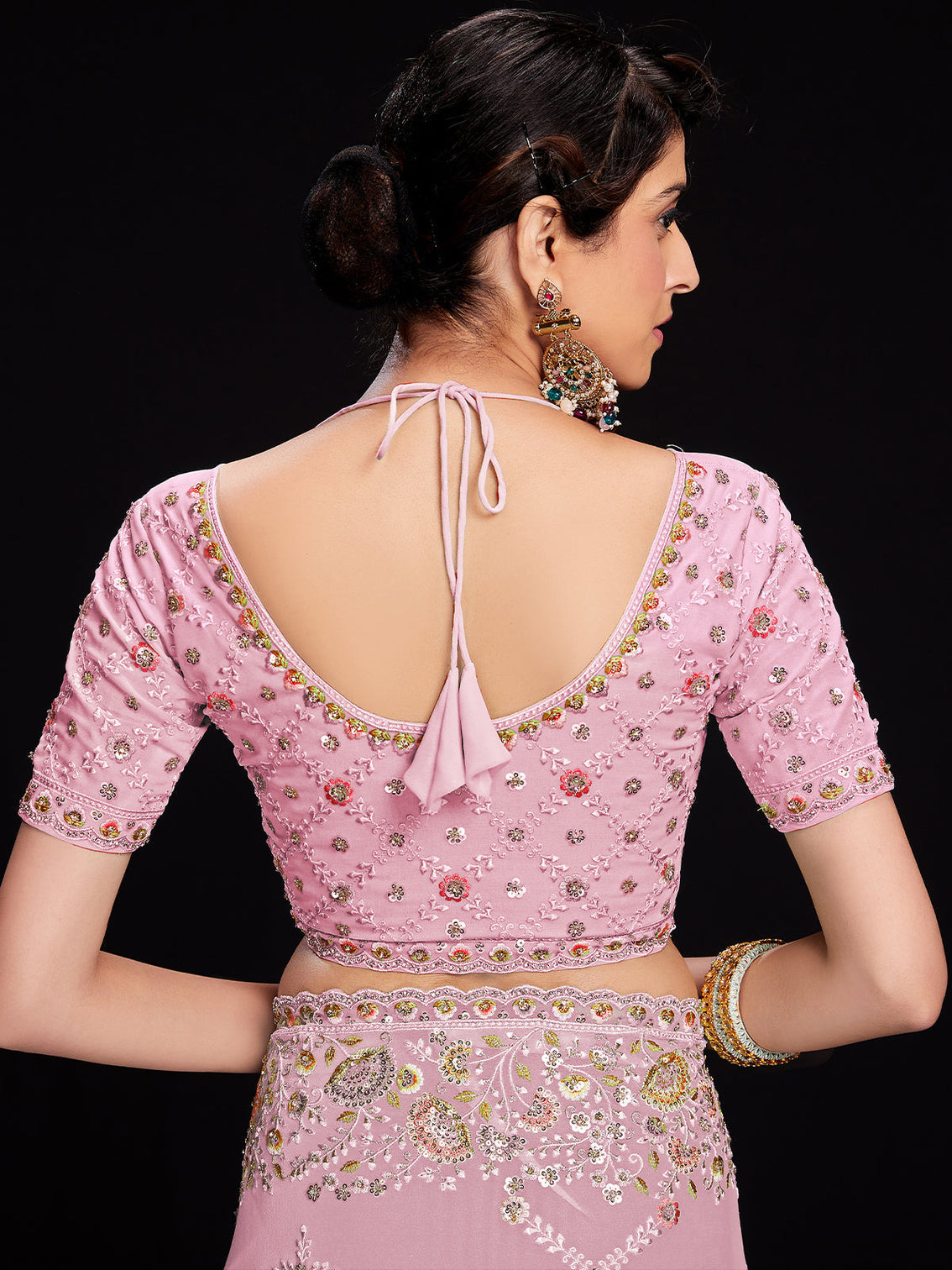 Pink Georgette Embroidered Saree With Unstitched Blouse