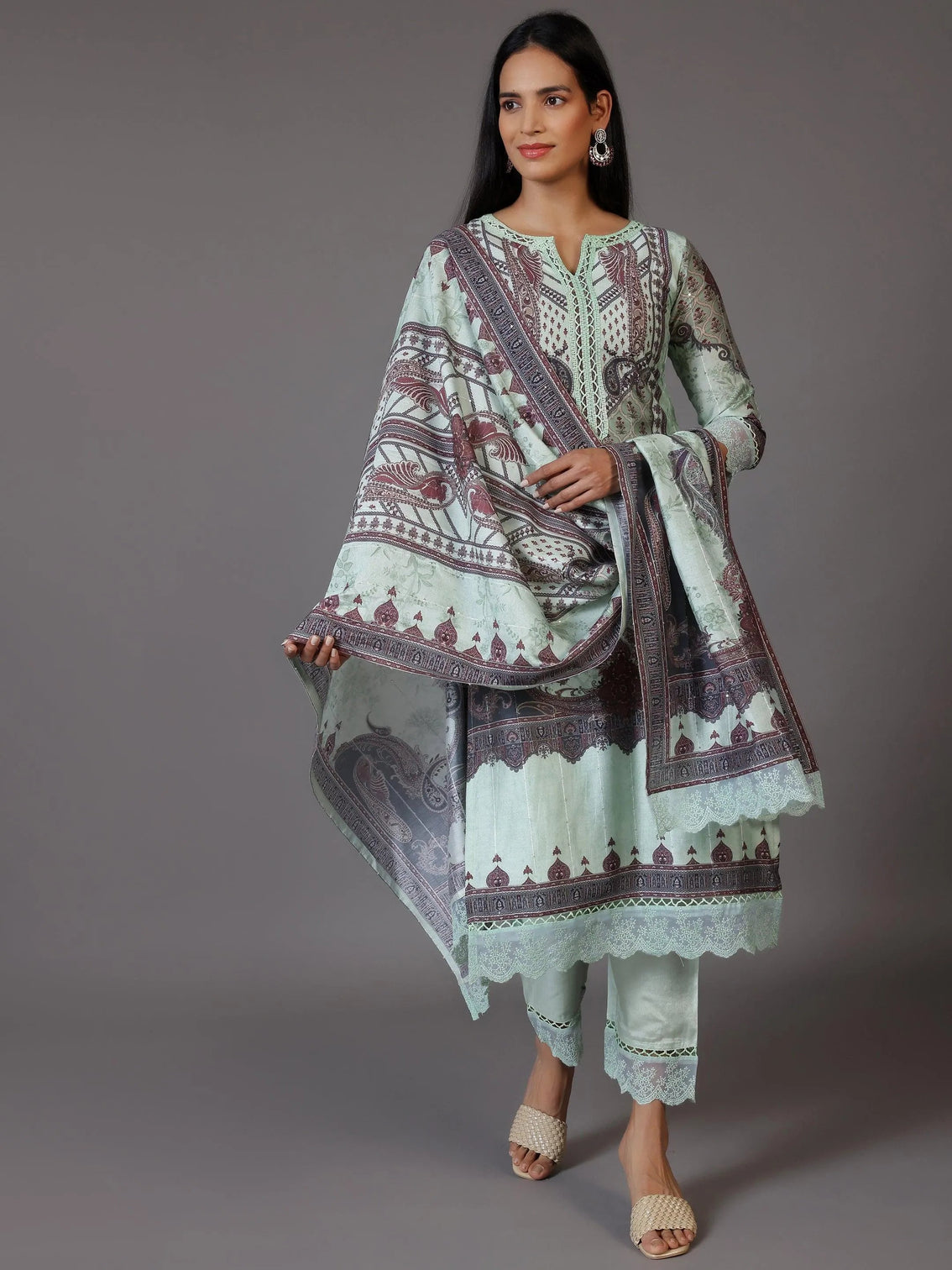 Mameraa Green Printed Silk Blend Pakistani Suit