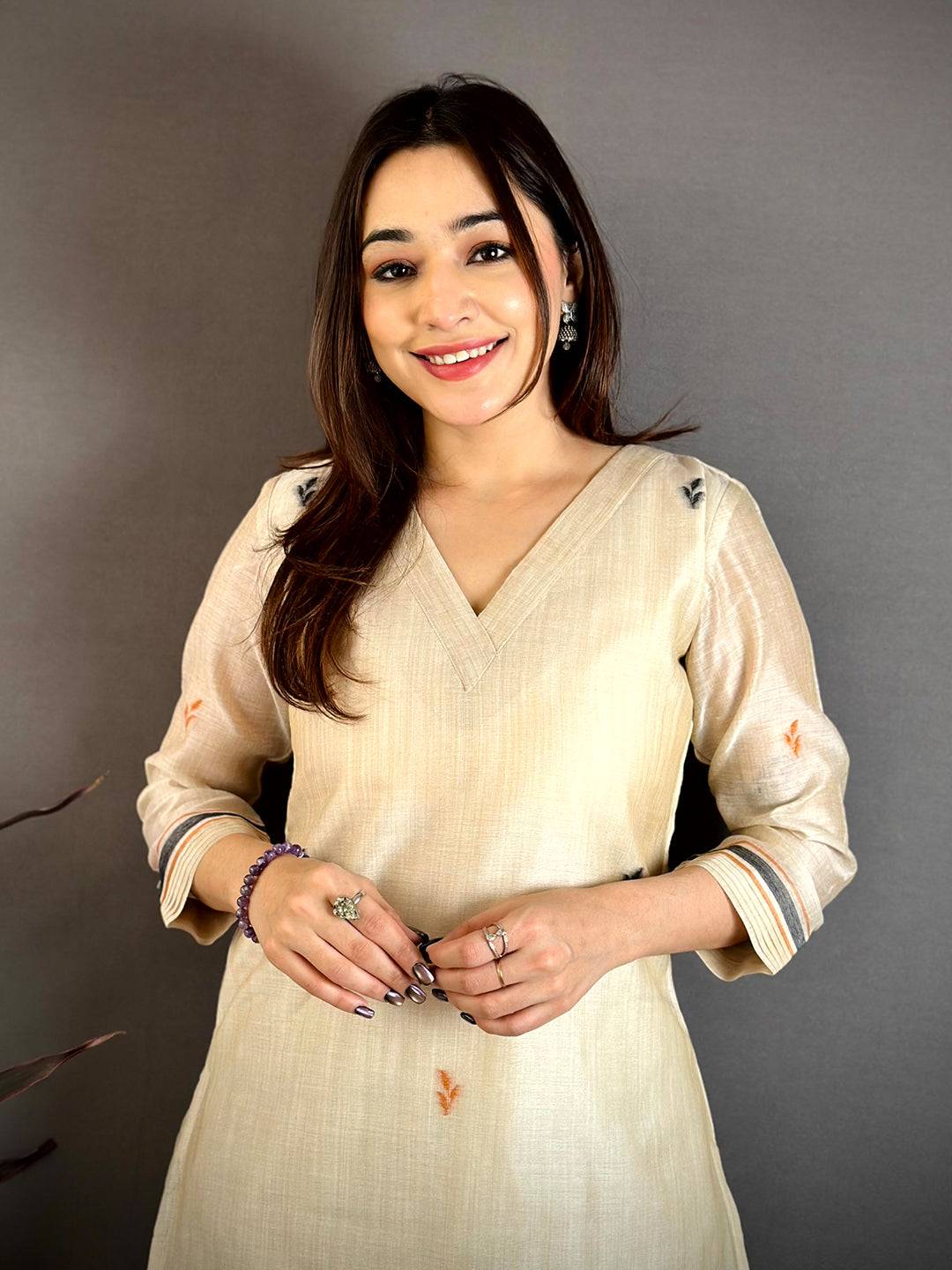Stylish Beige Floral Cotton Dress