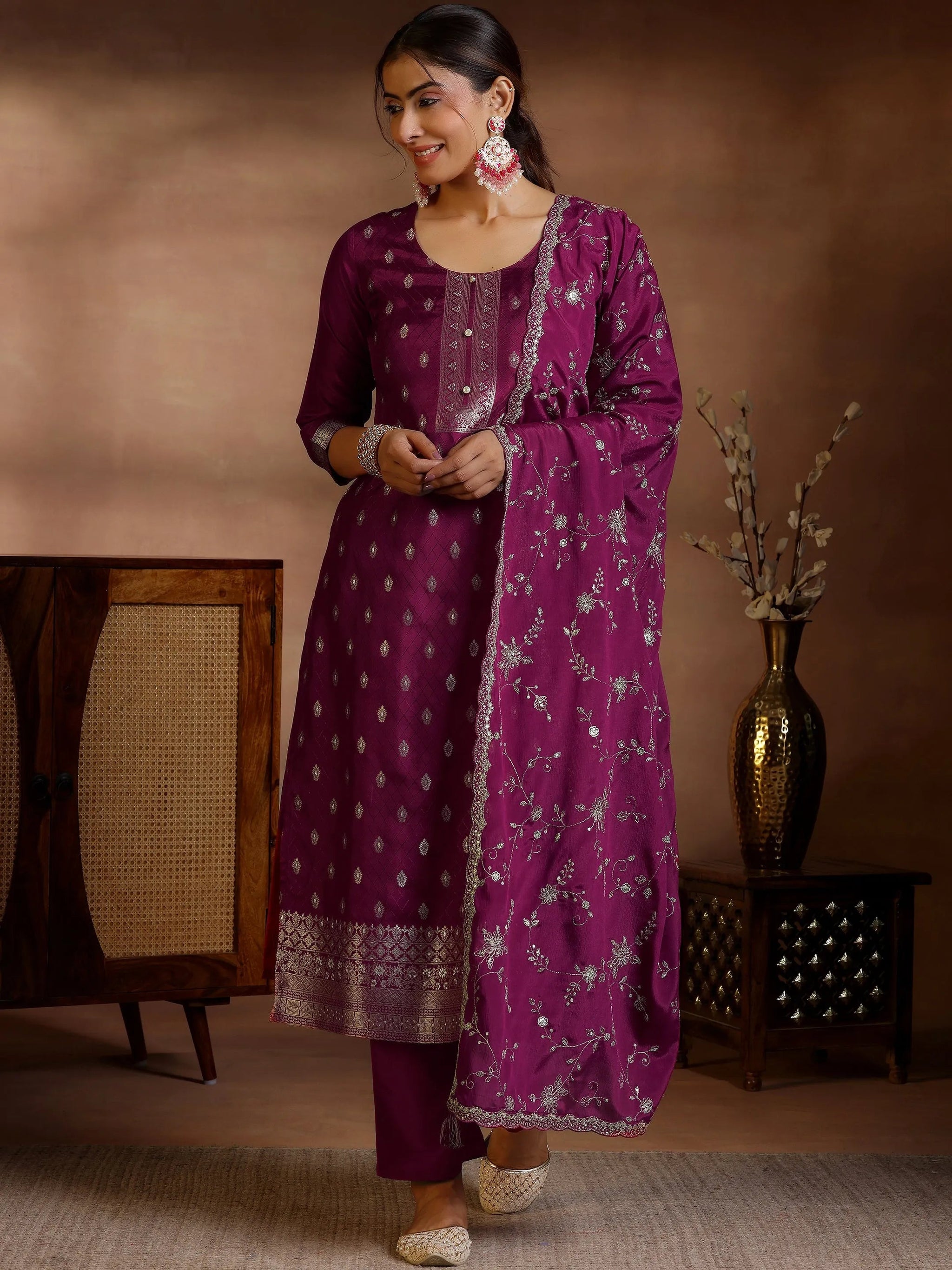 Libas Burgundy Woven Design Silk Blend Straight Suit With Dupatta