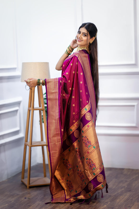 Magenta Paithani Silk Saree with Golden Zari Butti, Rich Border & Designer Pallu