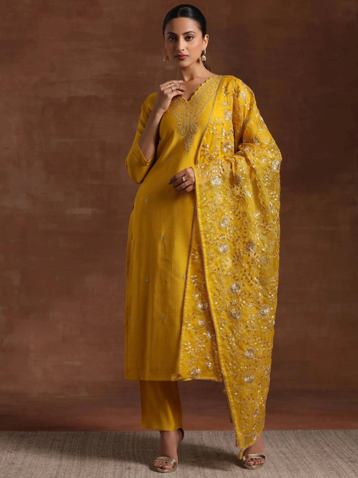Libas Mustard Embroidered Silk Blend Straight Suit With Dupatta