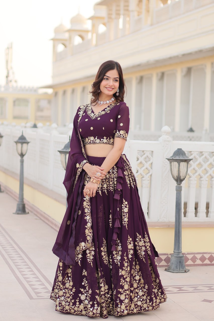 Faux Blooming PuGeorgette rple Lehenga Choli Set with Heavy Embroidered Work