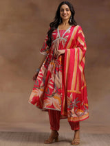 Gerua Pink Printed Silk Blend A-Line Kurta With Salwar & Dupatta