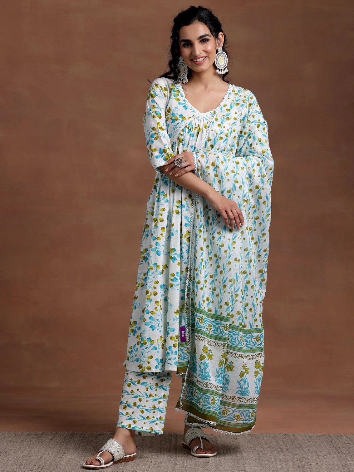 Mameraa Off White Printed Cotton A-Line Kurta With Palazzos & Dupatta