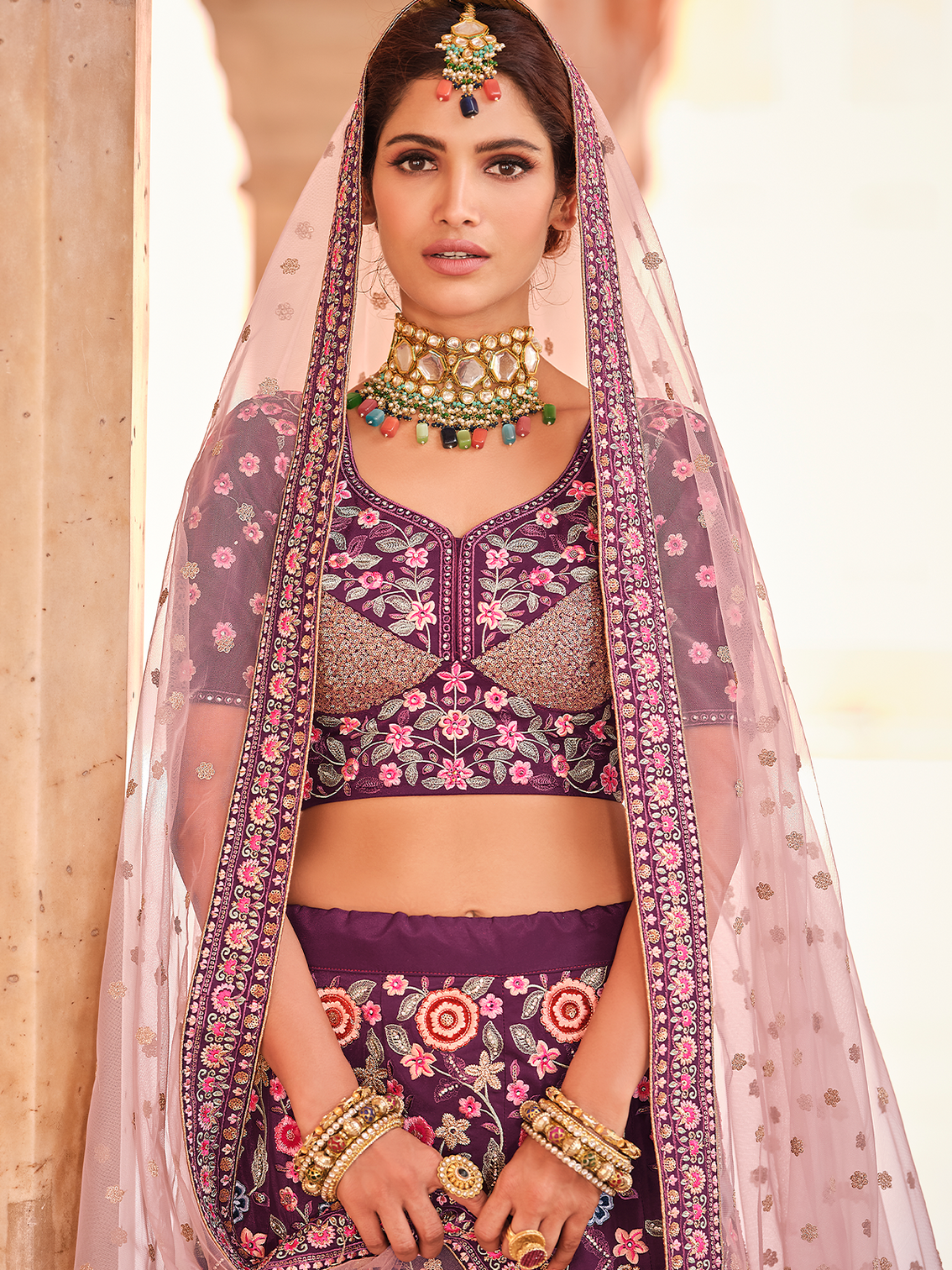 Purple Crepe Semi Stitched Lehenga With Unstitched Blouse