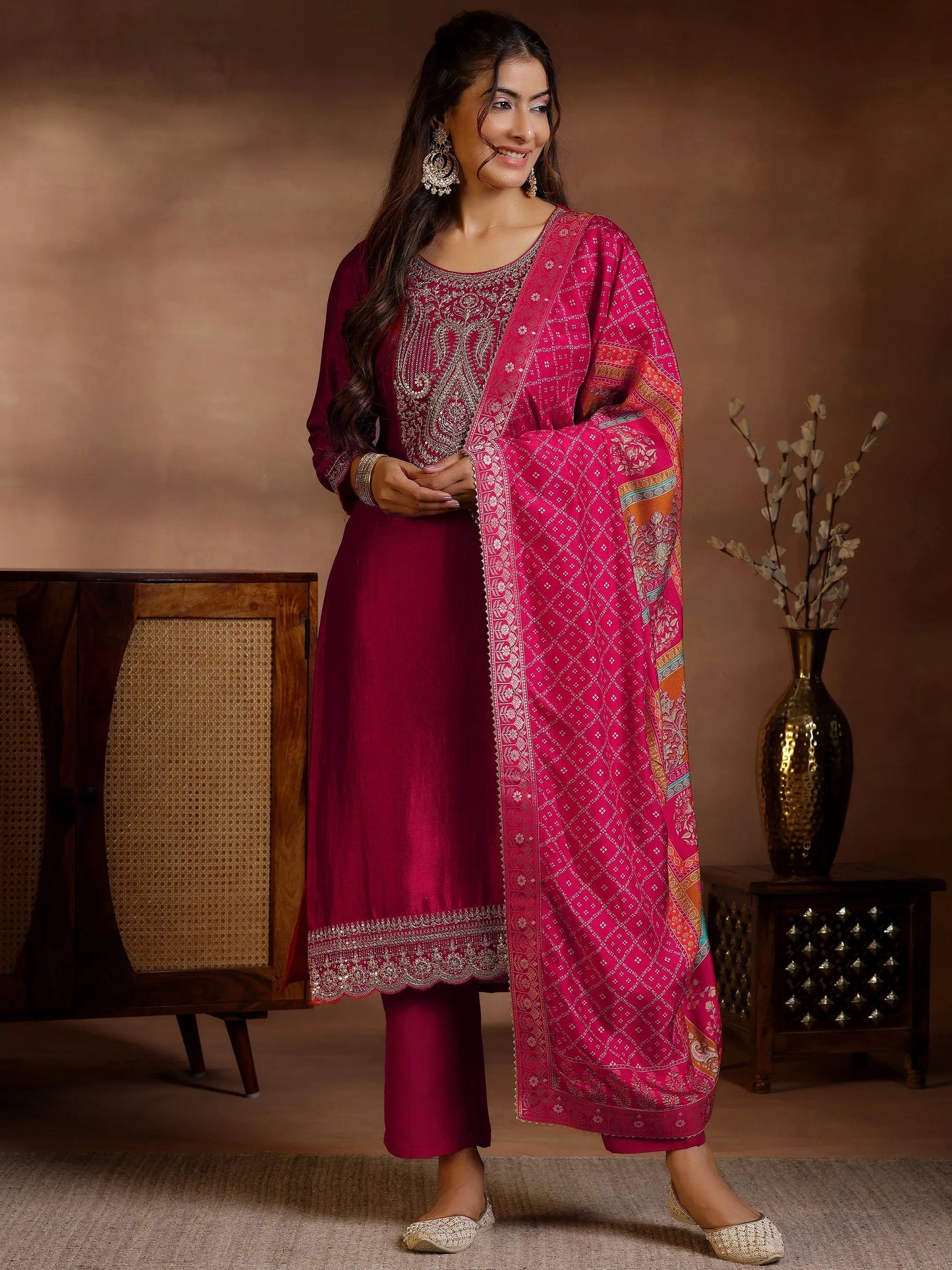 Libas Red Embroidered Silk Blend Straight Suits With Dupatta