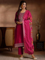 Libas Red Embroidered Silk Blend Straight Suits With Dupatta