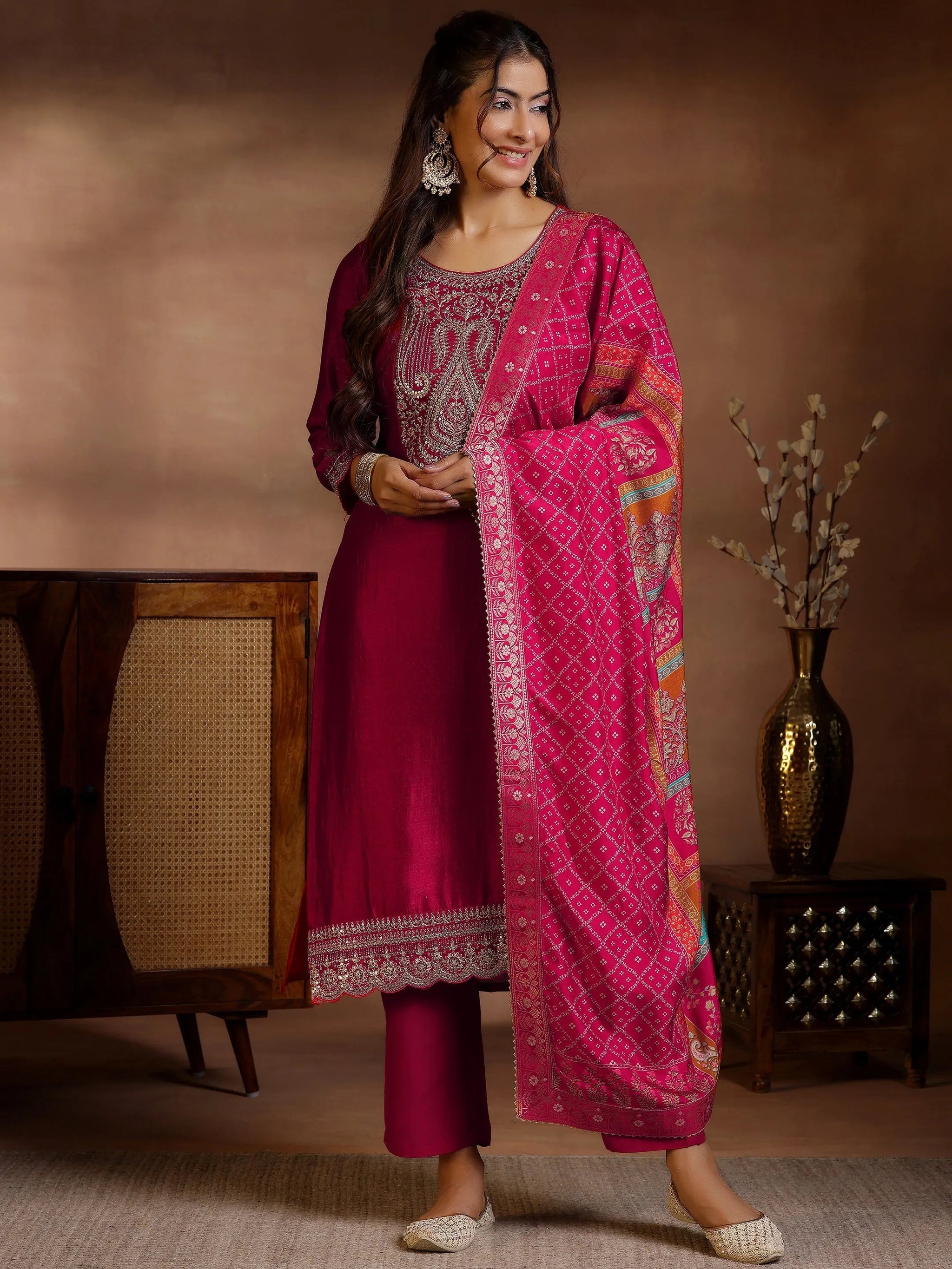 Libas Red Embroidered Silk Blend Straight Suits With Dupatta