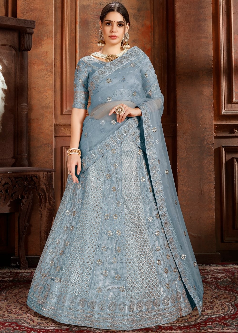 Pigeon Blue Soft Net Lehenga Choli with Thread, Zari, Zarkan & Pearl work