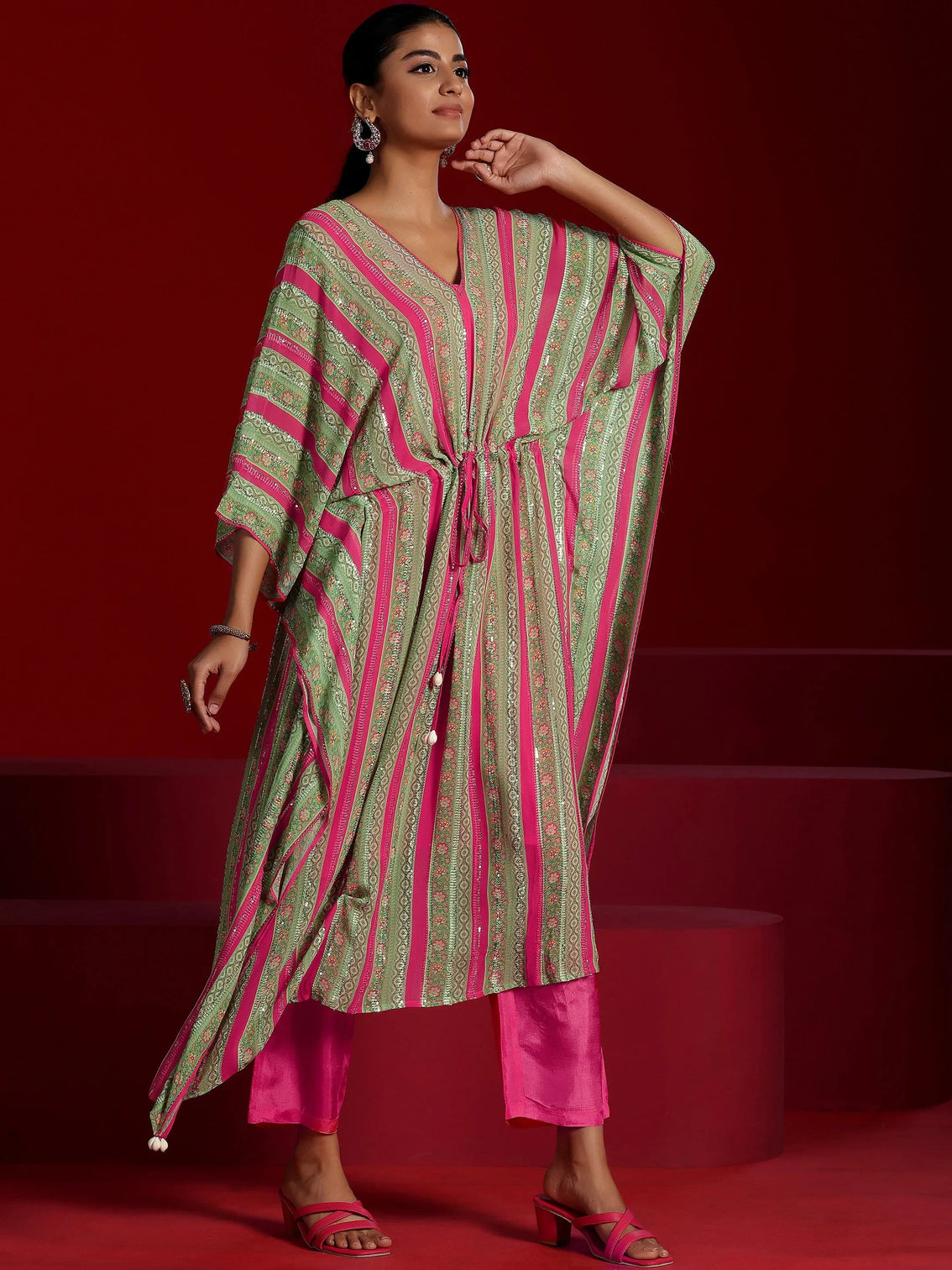 Mameraa Art Pink Printed Poly Georgette 3 Piece Co-Ords