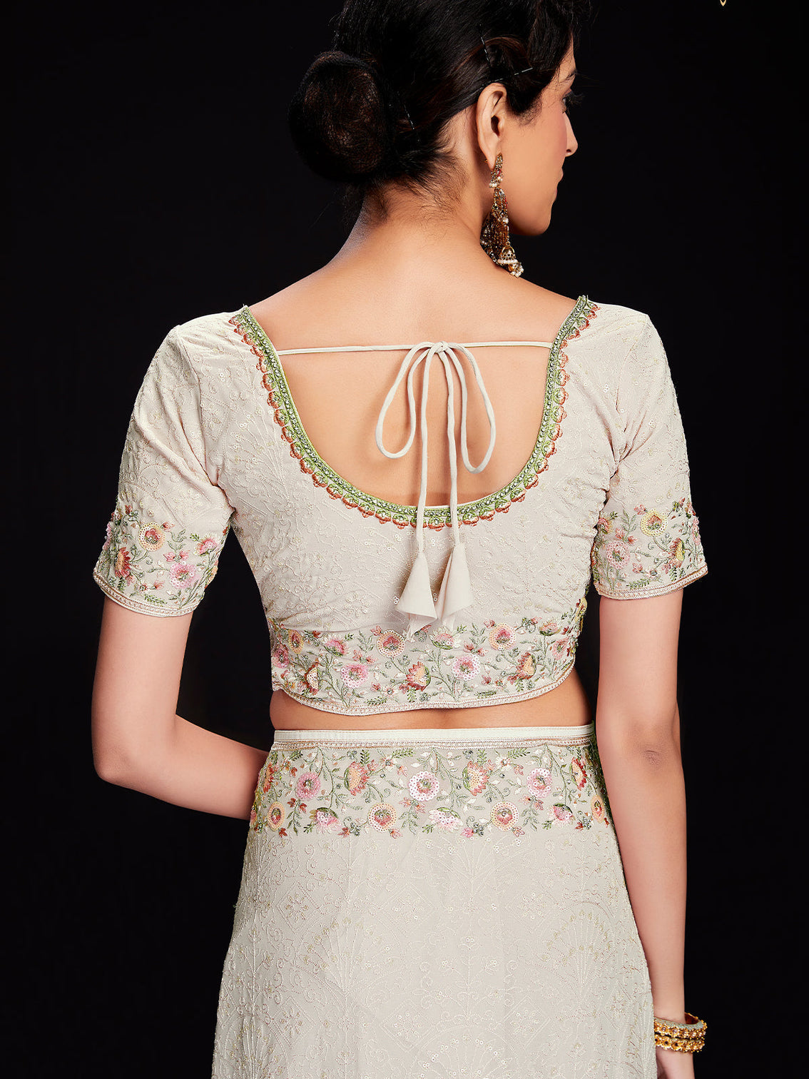 White Georgette Embroidered Saree With Unstitched Blouse