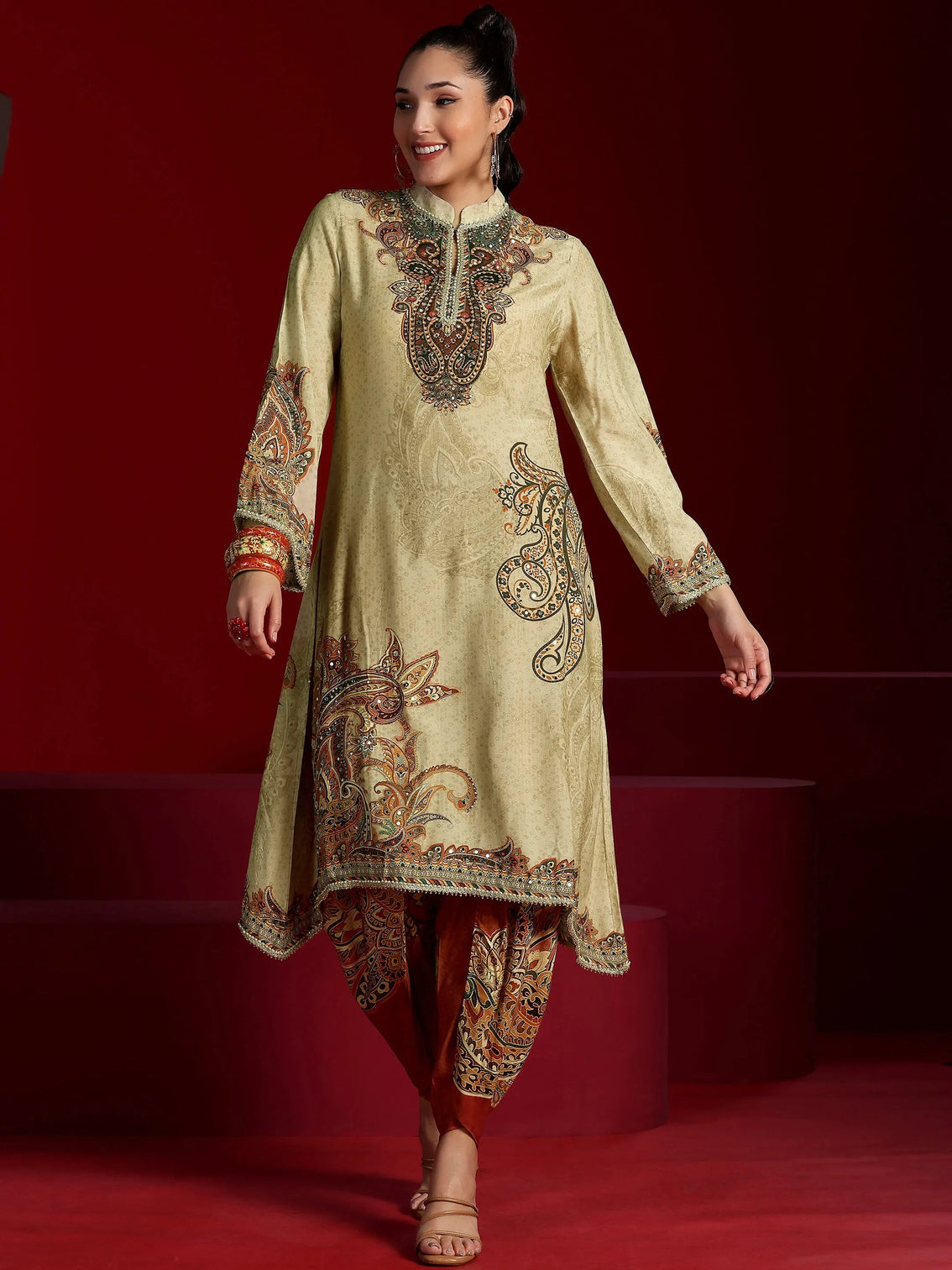 Mameraa Art Beige Printed Silk Blend Co-Ords