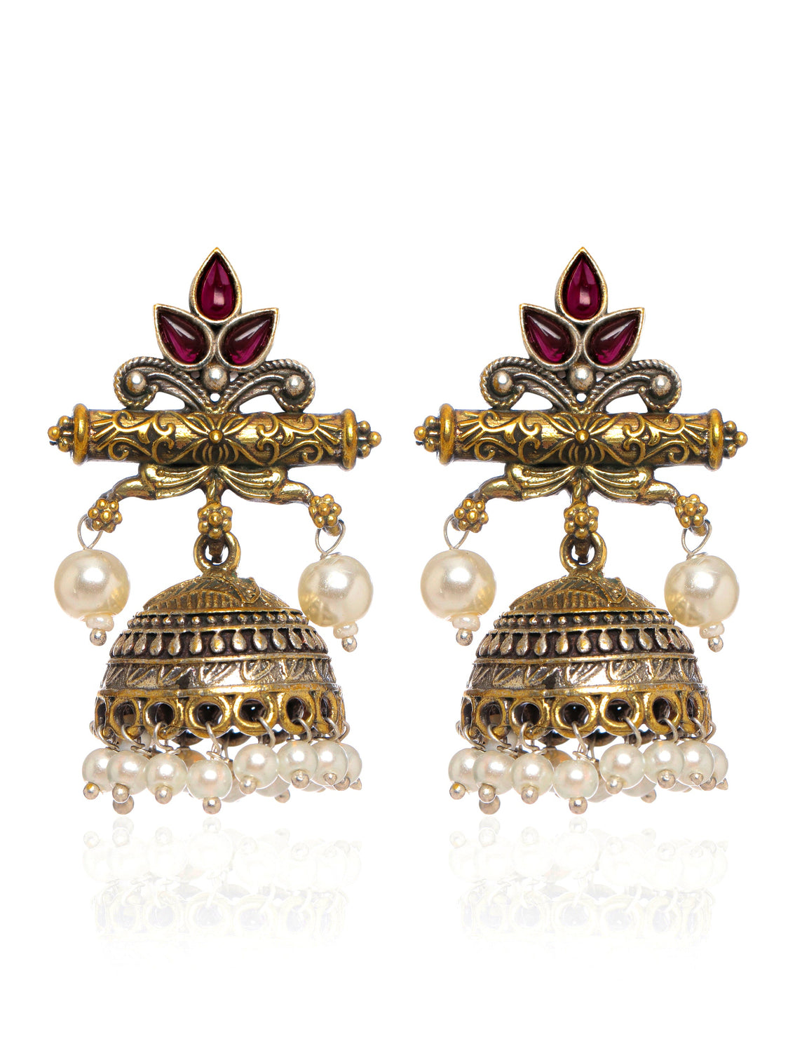 Mameraa Pink Stone & Pearl Drop Jhumka Earrings