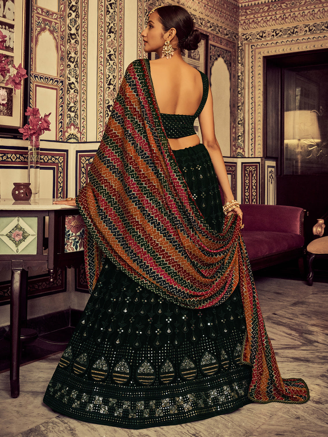 Green Embroidered Georgette Semi Stitched Lehenga With Blouse Piece