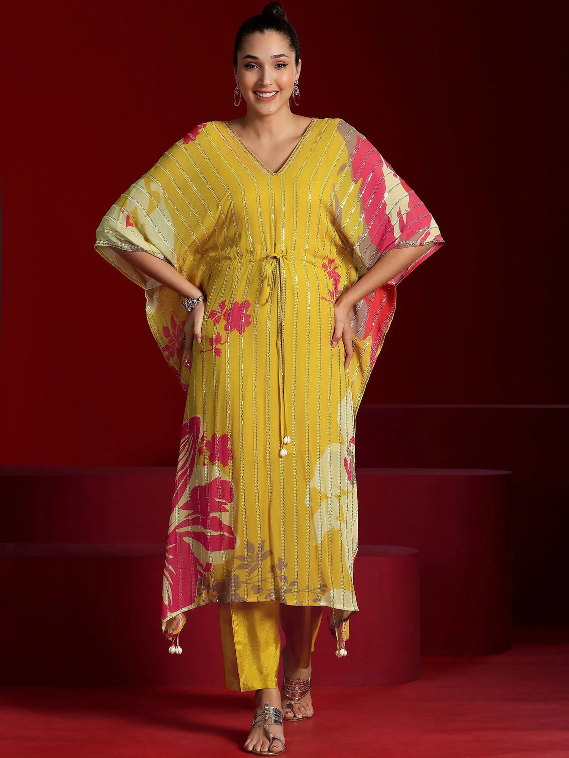 Mameraa Art Yellow Printed Poly Georgette 3 Piece Co-Ords