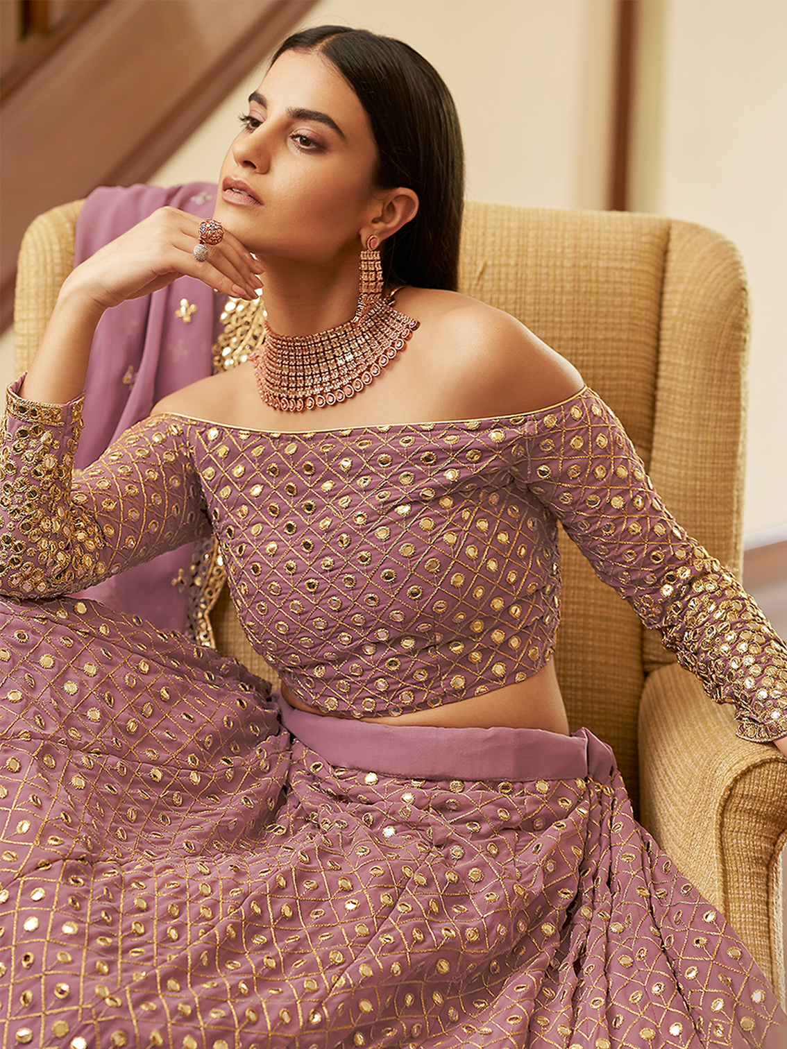 Purple Embroidered Georgette Semi Stitched Lehenga With Unstitched Blouse