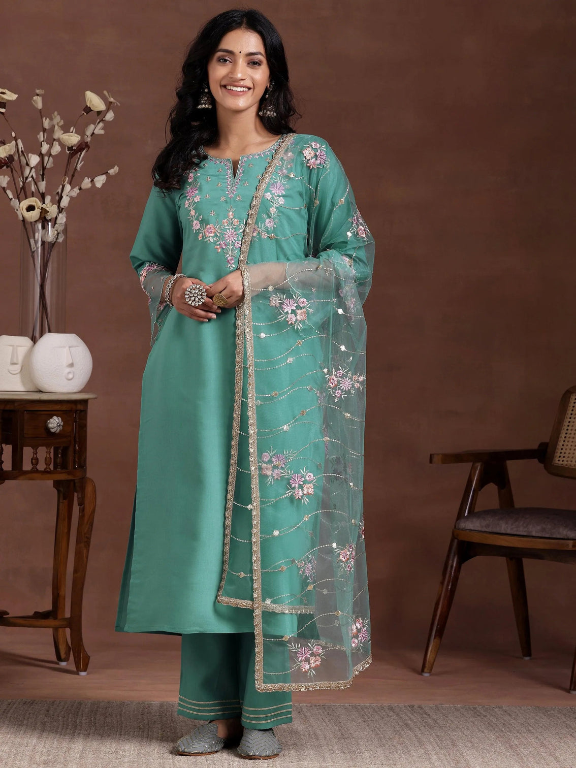 Mameraa Green Yoke Design Silk Blend Straight Suit With Dupatta