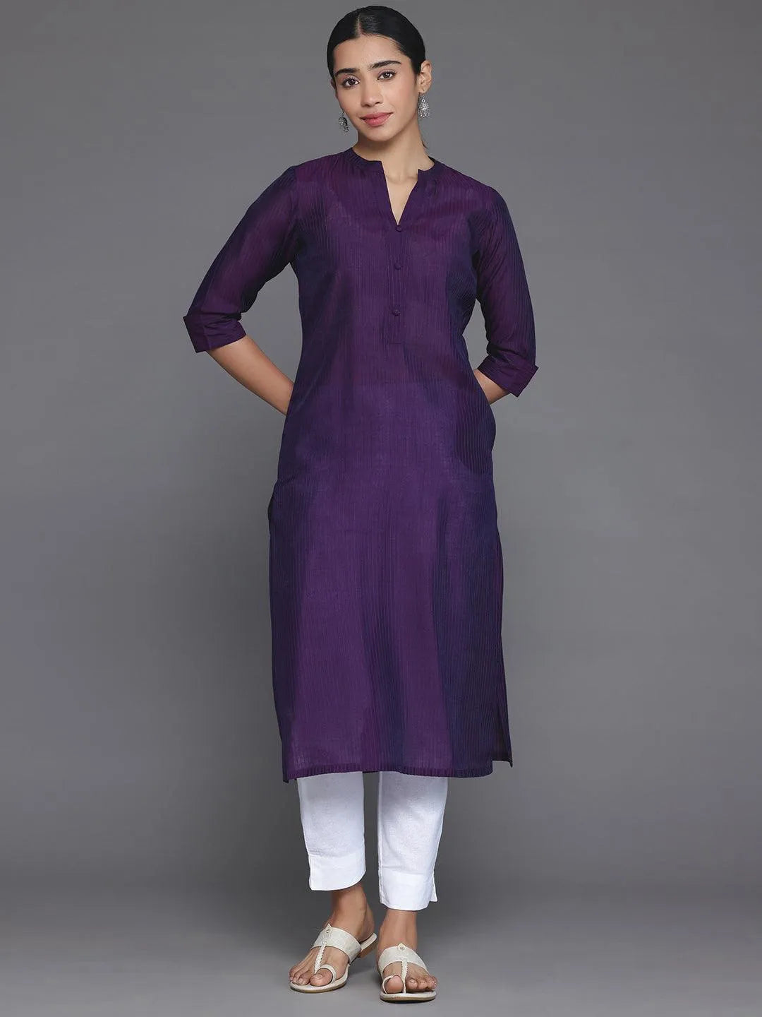 Libas Purple Woven Design Silk Straight Kurta