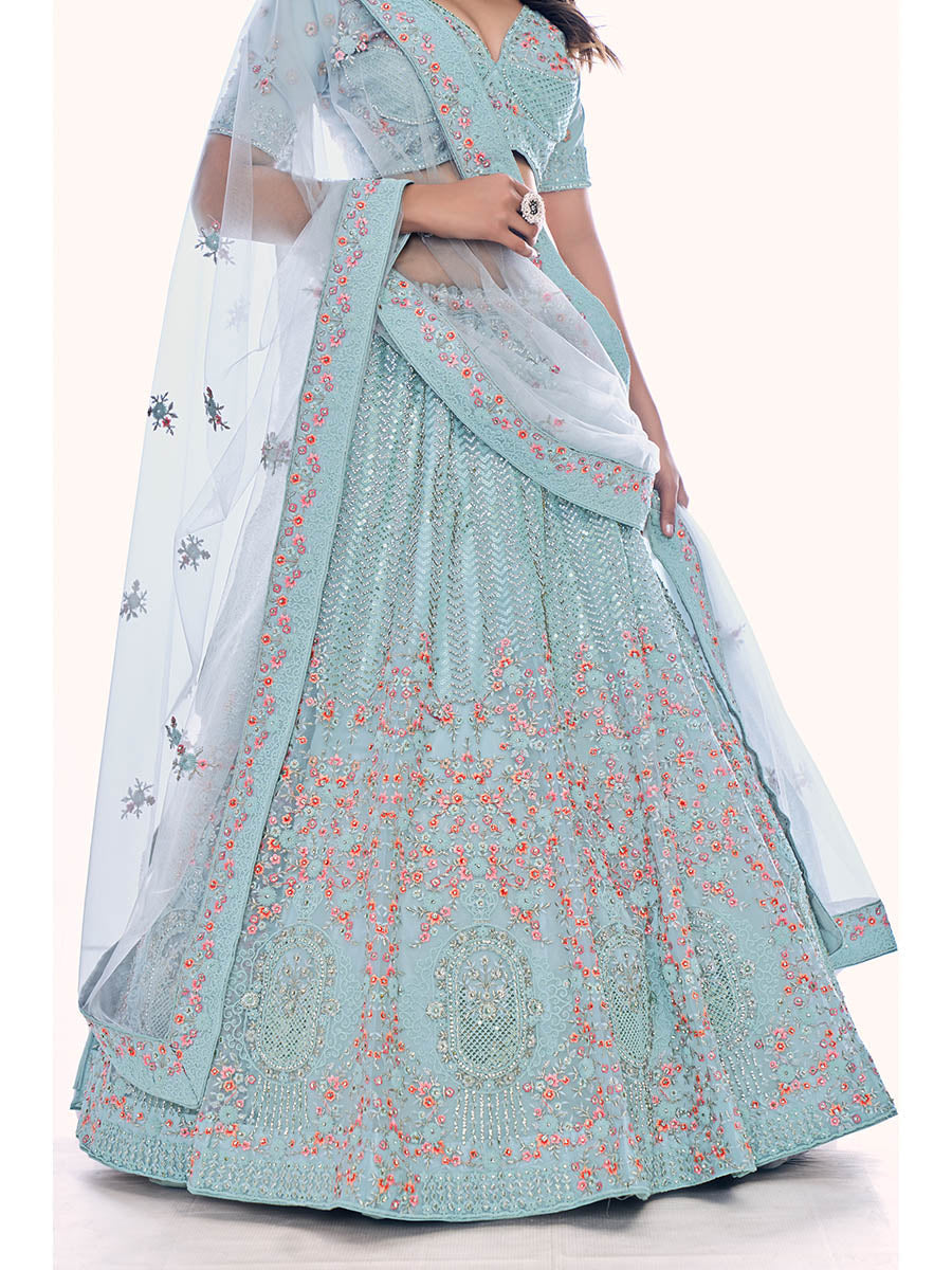 Firozi Soft Net Embroidered Designer Lehenga Choli