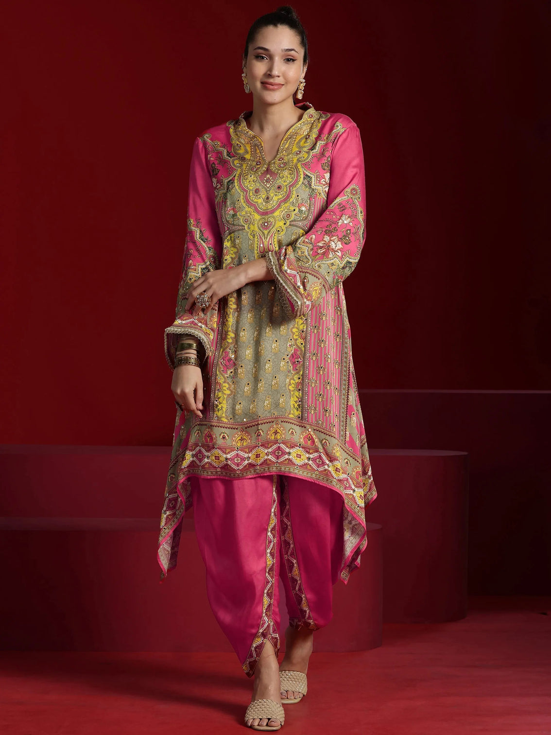 Mameraa Art Coral Printed Silk Blend Straight Kurta Dhoti Pants
