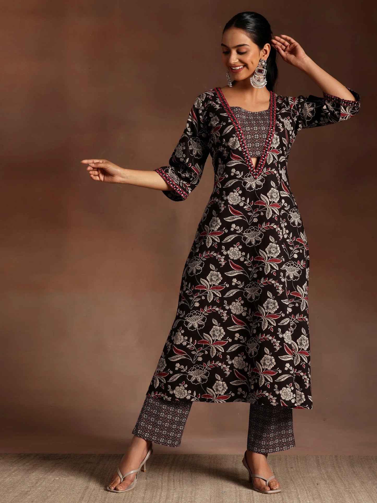 Libas Black Printed Cotton A-Line Kurta With Palazzos