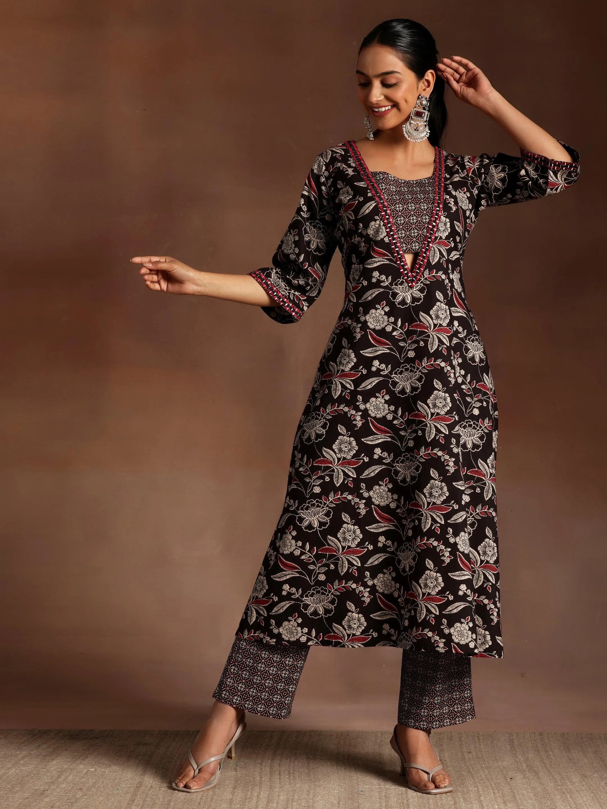 Libas Black Printed Cotton A-Line Kurta With Palazzos