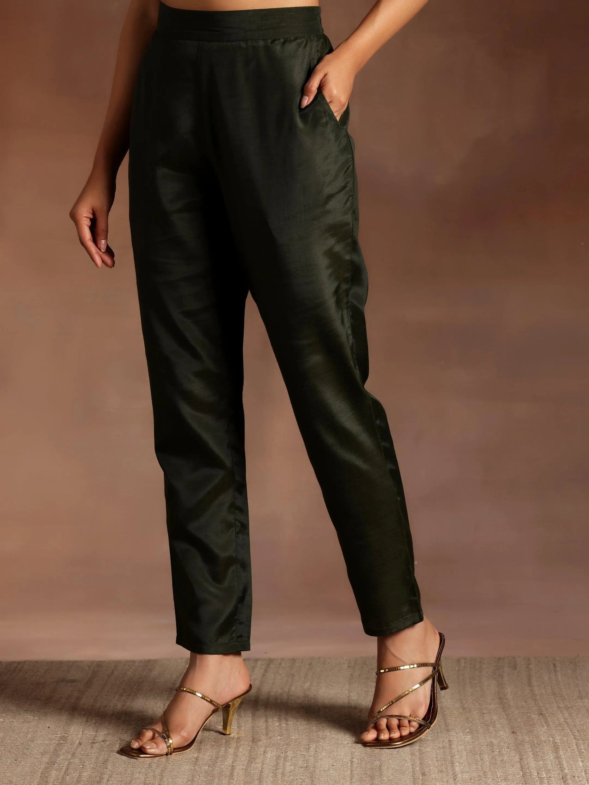 Libas Chandni Olive Embroidered Georgette A-Line Kurta With Trousers & Dupatta