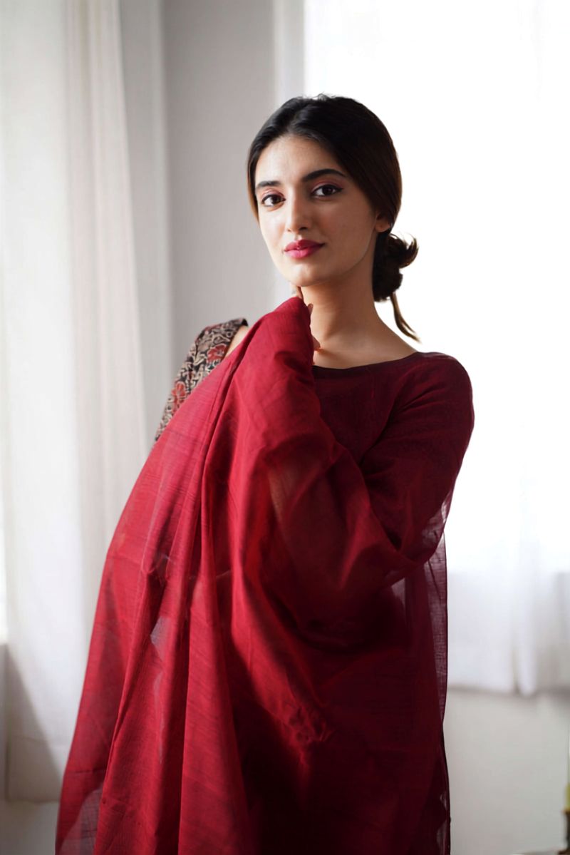 Maroon cotton saree with kalamkari blouse piece