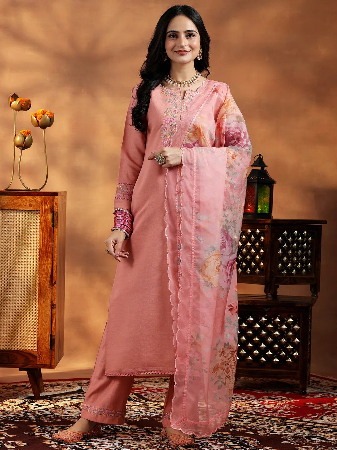 Mameraa Peach Yoke Design Silk Blend Straight Suit With Dupatta