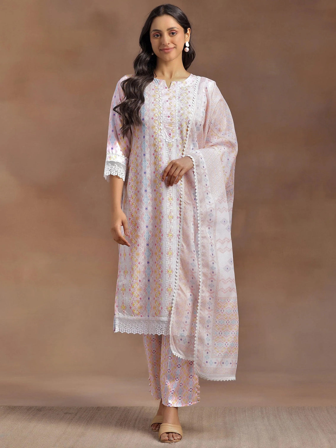 Mameraa Peach Embroidered Cotton Blend Straight Suit With Dupatta