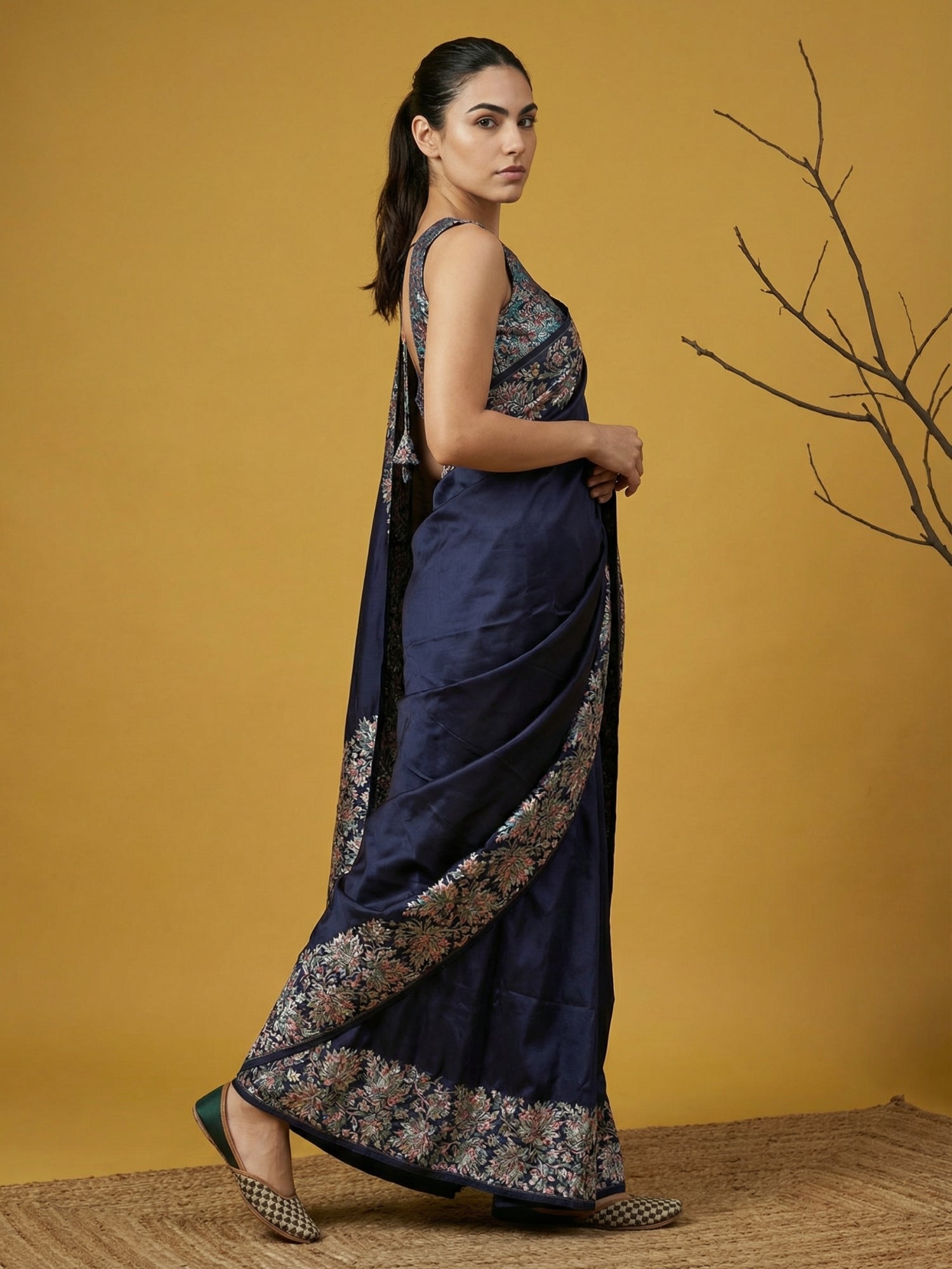 Soft Silk Printed Floral Saree with Rainbow Zari Woven Pallu and Contrast Blouse Festive Party Wear Saree