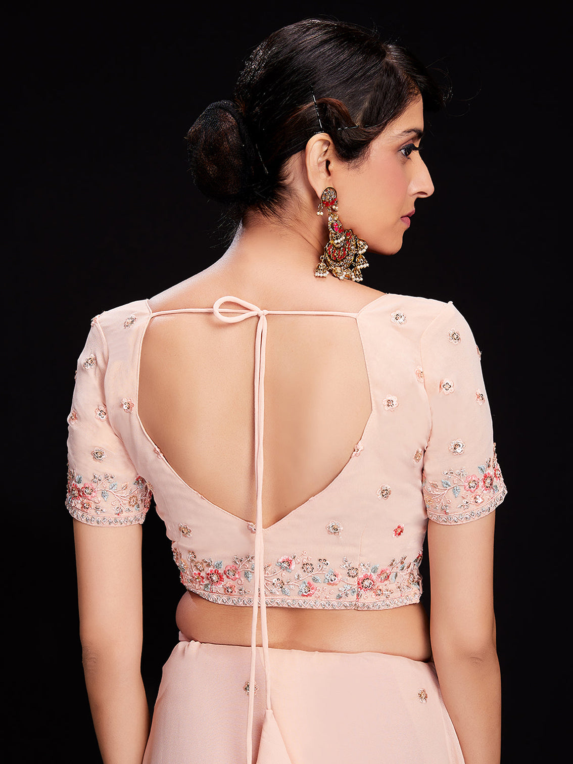 Peach Georgette Embroidered Saree With Unstitched Blouse