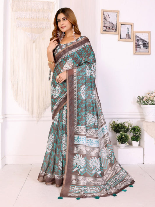 Premium Linen Cotton Floral Printed Saree with Elegant Brown Border