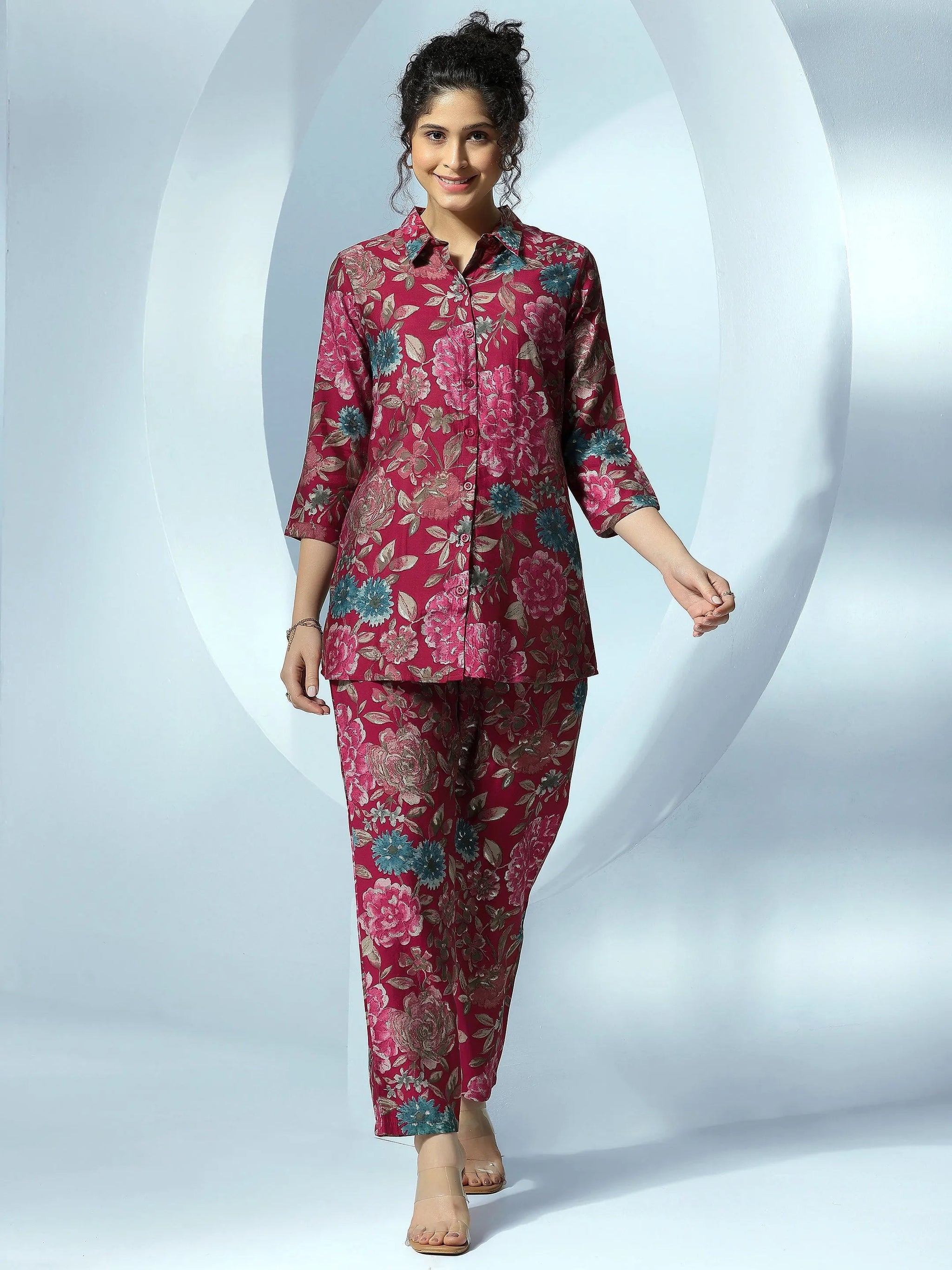 Libas Pink Printed Silk Blend Co-Ords