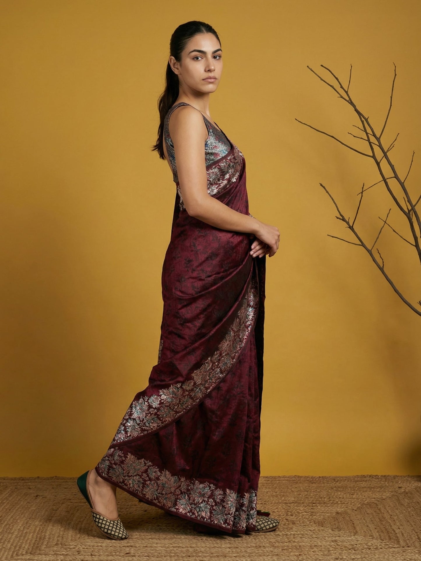 Soft Silk Printed Floral Saree with Rainbow Zari Woven Pallu and Contrast Blouse Festive Party Wear Saree
