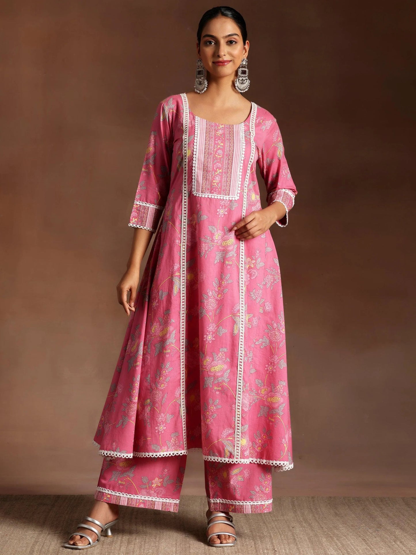 Libas Rukhsaar Pink Printed Cotton A-Line Kurta With Palazzos